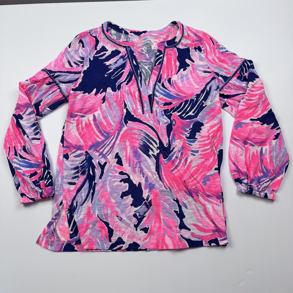 Lilly Pulitzer Womens Medium Pink Navy Tropical Print Long Sleeve Tunic Top Boho